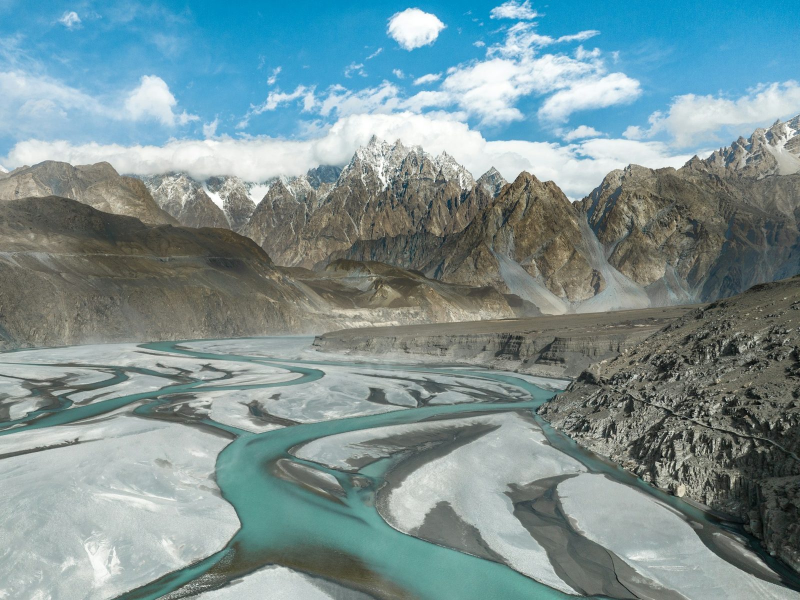 Aerial view of the Hunza River valley and glacier moraine in northern Pakistan